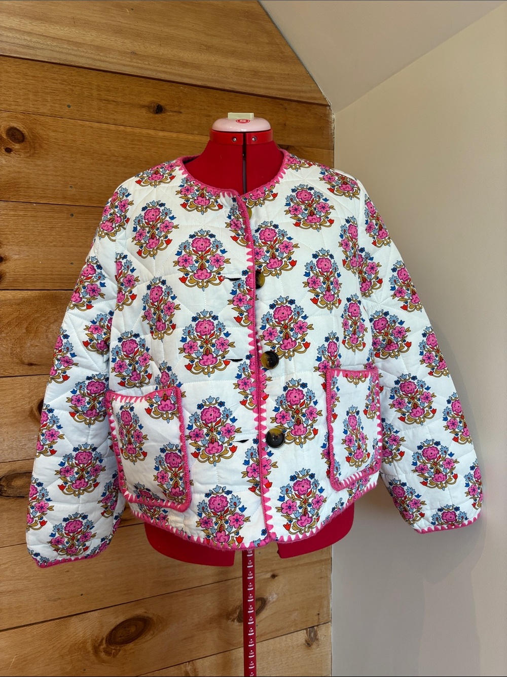 Boden White Quilted Puffer Jacket with Pink Floral Print